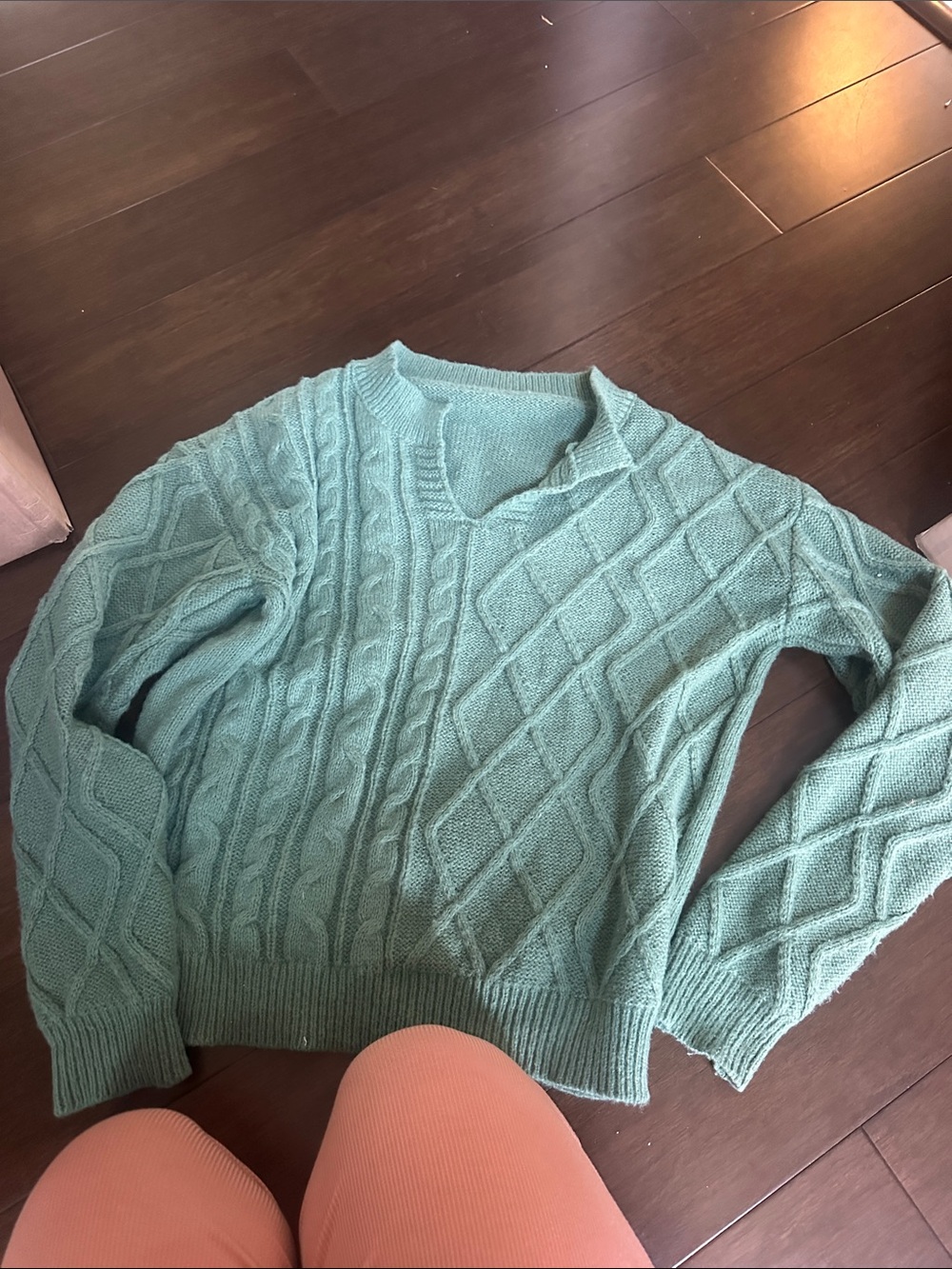 V-Neck Cable Knit Sweater in Mint Green